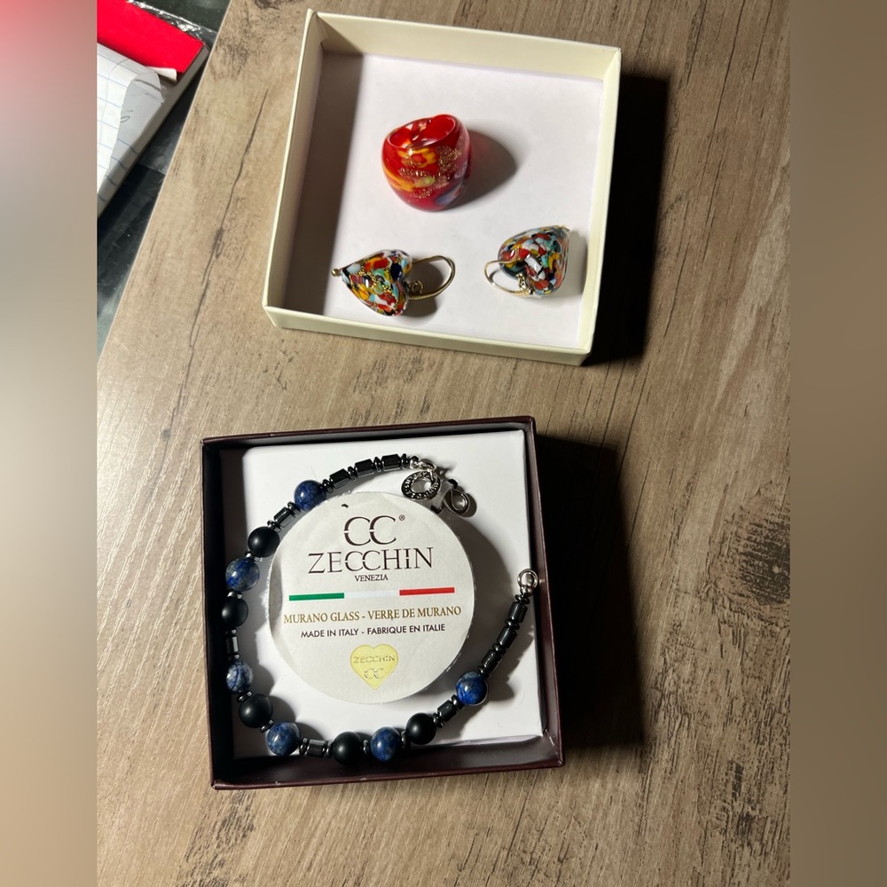 Murano Glass Black and Blue Bracelet, red ring and multicolor earrings set
